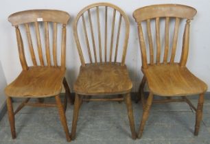 Three antique elm and beech country chairs, comprising a pair of farmhouse slat-back chairs and a