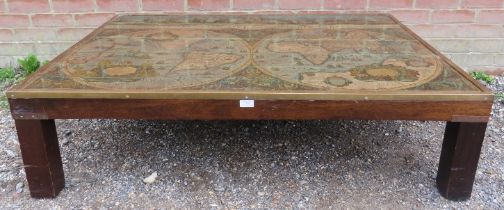 A large vintage mahogany brass bound coffee table, the glass top enclosing a Mappe Mondi (medieval