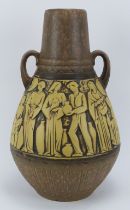 A large West German twin handled ceramic amphora vase, mid 20th century. Decorated with a continuous