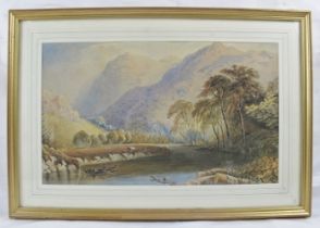 British School (19th century) - 'Mountainous river landscape with fisherman in a boat', watercolour,