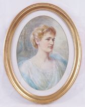 Edwardian School - 'Portrait of a Lady', watercolour, oval, 33cm x 23cm, framed. Condition report: