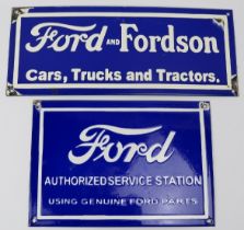 Car Memorabilia: Two vintage Ford motorcar blue and white enamelled metal advertising signs.