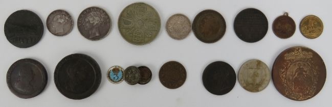 A collection of coins and tokens, 18th century and later. Notable items include two George III
