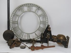 An antique Turret clock with dial, movement, winding handle and pendulum. Roman numeral dial: 61.5