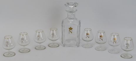 A French Baccarat Napoleon brandy decanter with stopper together with eight brandy glasses, 20th