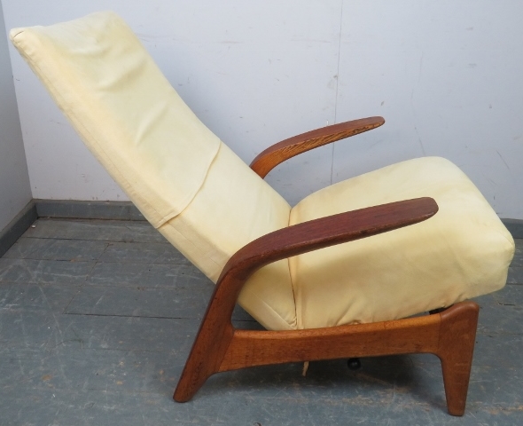 A mid-century reclining ‘rock n rest’ lounge chair by Gimson & Slater, upholstered in primrose - Image 4 of 5