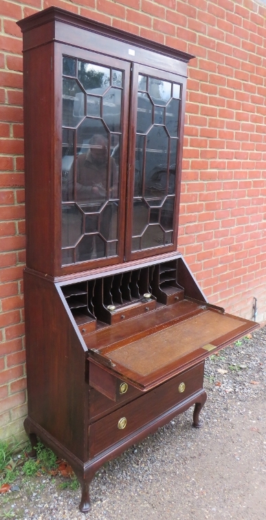 An Edwardian mahogany bureau bookcase, having twin astral glazed doors enclosing adjustable shelves, - Image 2 of 4