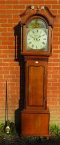 A George III mahogany banded oak cased chiming 8 day longcase clock, the 13" arched dial painted