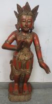 A vintage Eastern lacquered & metal-mounted carved wooden figure. H87cm (approx).