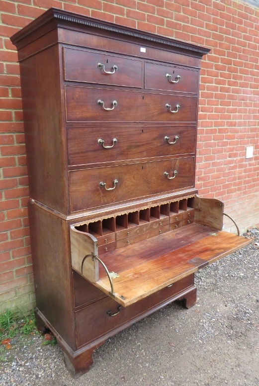 A George III mahogany secretaire chest on chest, having a dentil cornice above two short over - Image 2 of 4