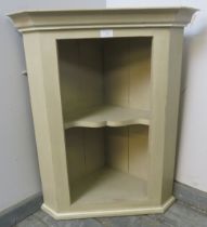 A pine wall-hanging corner shelving unit, of one open fitted shelf, painted distressed Annie