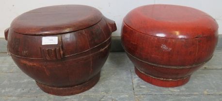 Two vintage Asian lacquered wood rice boxes and covers. H25cm Diameter 36cm (approx).
