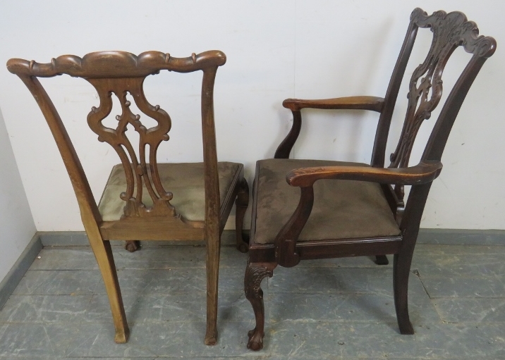 A set of four vintage Chippendale Revival mahogany dining chairs, comprising one carver and three - Image 3 of 3