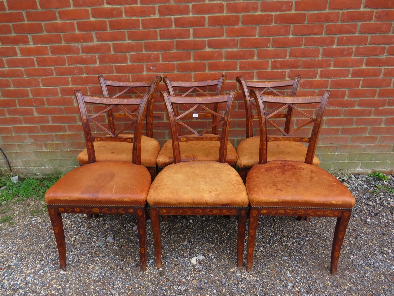 A set of six 19th century Dutch marquetry fruitwood dining chairs, having profuse, marquetry inlay