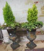 A pair of cast iron garden urns in the classical revival taste, egg and dart cast flared rims,