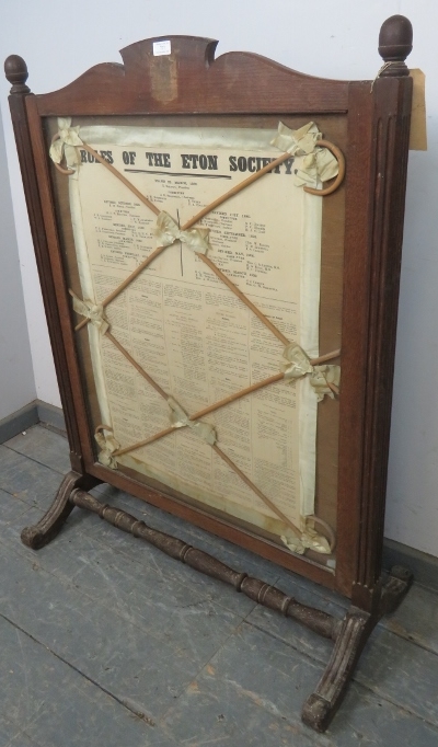 A large antique firescreen featuring ‘The Rules of Eton’ within an oak frame, having reeded uprights - Image 2 of 5