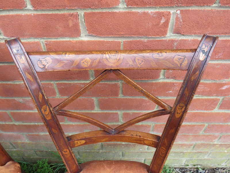 A set of six 19th century Dutch marquetry fruitwood dining chairs, having profuse, marquetry inlay - Image 3 of 4
