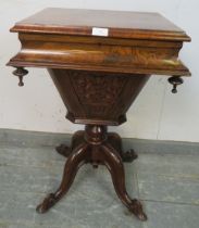 A good Victorian burr walnut pedestal work/sewing table, the hinged lid enclosing a nicely fitted