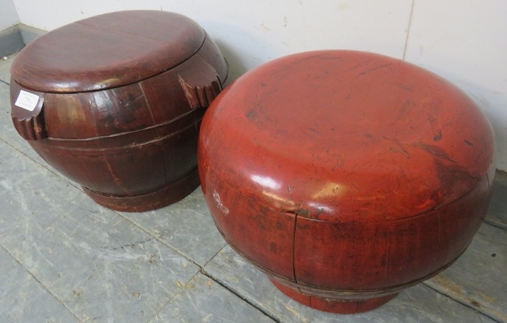 Two vintage Asian lacquered wood rice boxes and covers. H25cm Diameter 36cm (approx). - Image 2 of 3