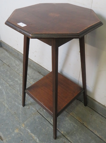 An Edwardian marquetry inlaid and satinwood banded octagonal mahogany two-tier side table. W42cm ( - Image 2 of 3