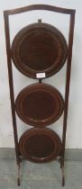 An Edwardian boxwood strung mahogany three tier cake stand. H90cm (approx).