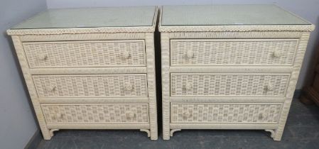 A pair of contemporary American cream finished Loom chests, wooden carcases, each with glass top