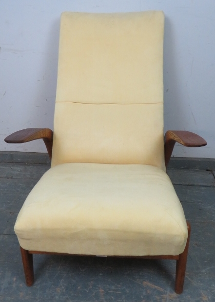 A mid-century reclining ‘rock n rest’ lounge chair by Gimson & Slater, upholstered in primrose