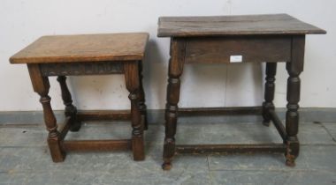 Two vintage oak joint stools in the 17th century style, one with chisel-carved frieze, both on