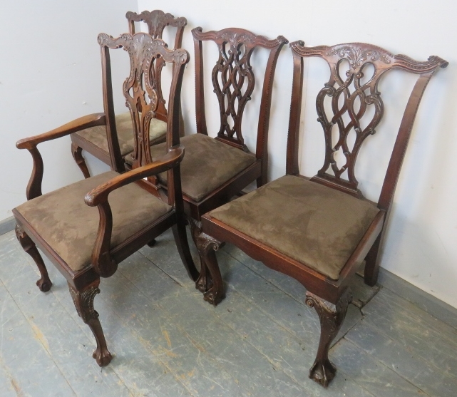 A set of four vintage Chippendale Revival mahogany dining chairs, comprising one carver and three - Image 2 of 3