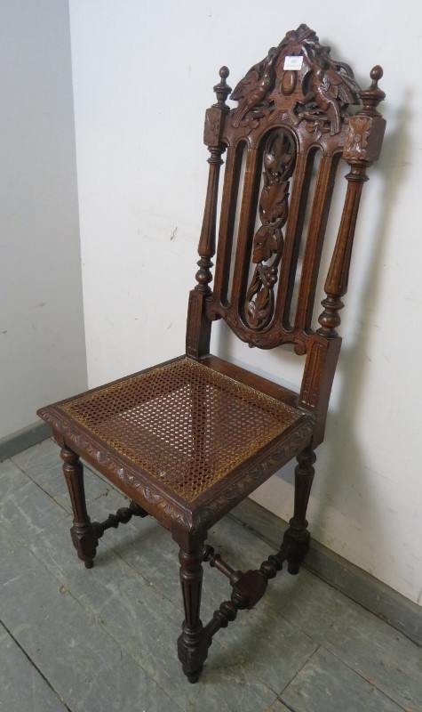 A 19th century Carolean Revival carved oak single chair/hall chair, with caned seat and machined - Image 3 of 5
