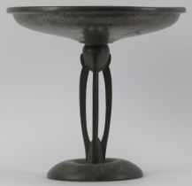 An Arts & Crafts spot hammered pewter tazza. Marked ‘Hutton Sheffield - English Pewter’. 24 cm