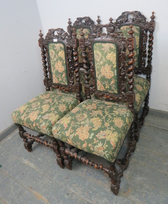 A set of four 19th century Carolean Revival carved oak dining chairs, with busy foliate - Image 2 of 3