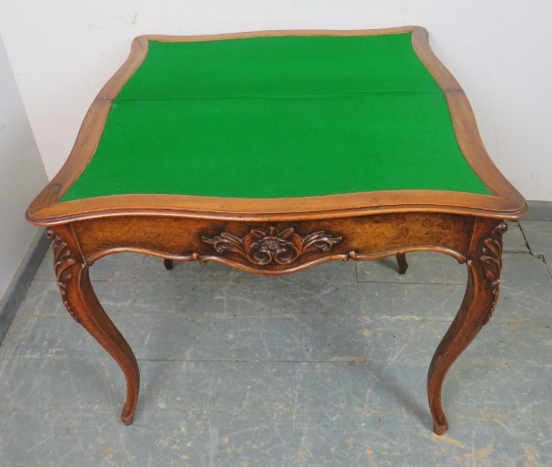 A good 19th century figured walnut serpentine fronted card table, with carved decoration, rear - Image 3 of 4