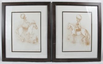 C. Hardie (2006) - 'Gentrified figures on horseback', a pair, red pastel on paper, signed and
