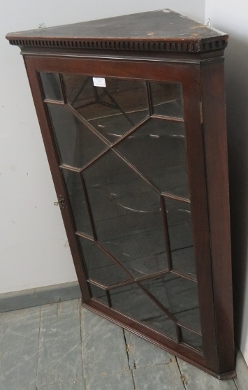 A Georgian mahogany glazed corner cupboard, with dentil cornice, the astral glazed door opening onto - Image 2 of 3