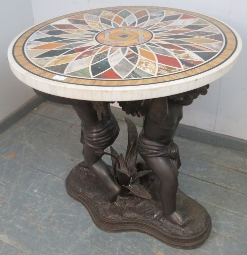A good quality highly decorative Regency style circular specimen marble table on a figural bronze - Image 3 of 4