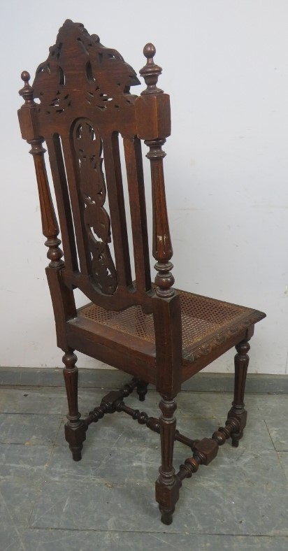 A 19th century Carolean Revival carved oak single chair/hall chair, with caned seat and machined - Image 5 of 5