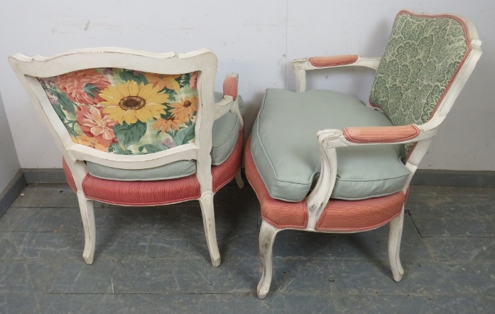 A pair of French Louis XV revival open sided armchairs, 20th century, upholstered backs and seats, - Image 3 of 3