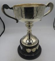 A silver two handled trophy 'Olde Tyme Dance Cup', presented by Freda, Birmingham 1941. Standing