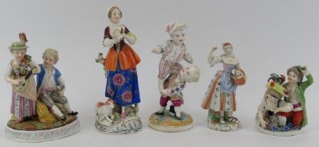 A group of five German porcelain figurines, 19th/20th century. (5 items) 19 cm tallest height.