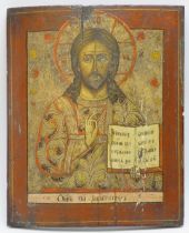 A Russian Orthodox Christian icon depicting Christ Pantocrator, 19th century or earlier. Gilt