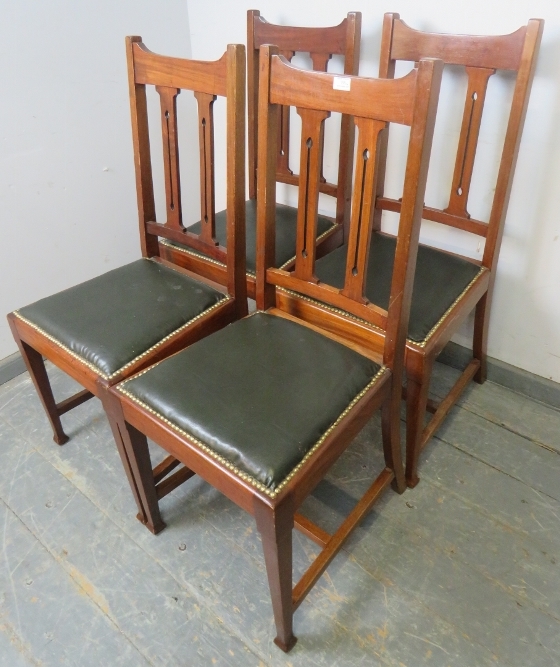 Four Arts & Crafts mahogany dining chairs by Maple & Co, having pierced backrests and seats - Image 2 of 5