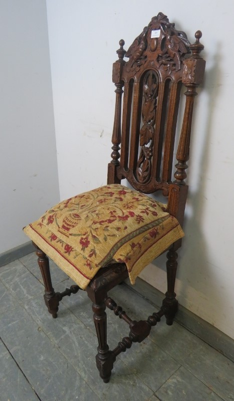 A 19th century Carolean Revival carved oak single chair/hall chair, with caned seat and machined - Image 2 of 5
