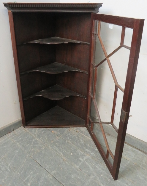 A Georgian mahogany glazed corner cupboard, with dentil cornice, the astral glazed door opening onto - Image 3 of 3