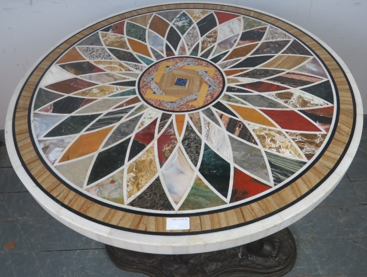 A good quality highly decorative Regency style circular specimen marble table on a figural bronze - Image 2 of 4