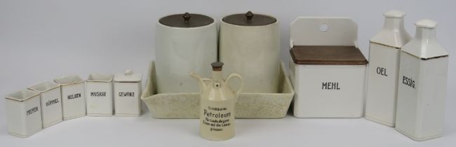 A group of German white glazed and creamware ceramic kitchenalia and a Ruppel Geschützt ‘