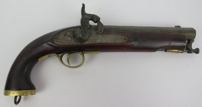An English East India Company cavalry percussion cap steel barrelled pistol, 19th century. Struck