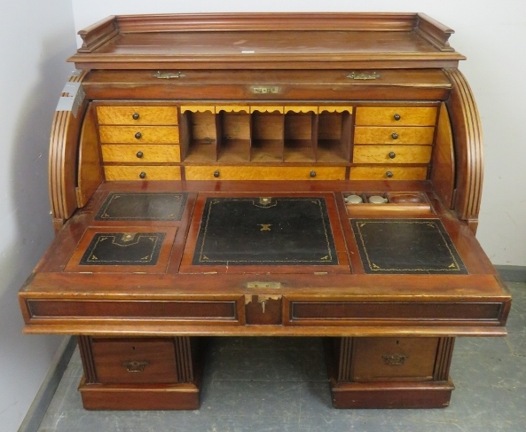 A 19th century roll top desk, having 3/4 gallery top above the revolving cylinder enclosing - Image 3 of 4