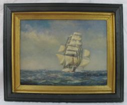 Tom Lewsey (1910-1965) - 'Clipper at sea with steamship in the distance, oil on board, signed,