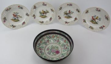 A Samson of Paris porcelain punch bowl together with four Dresden plates, 19th century. The